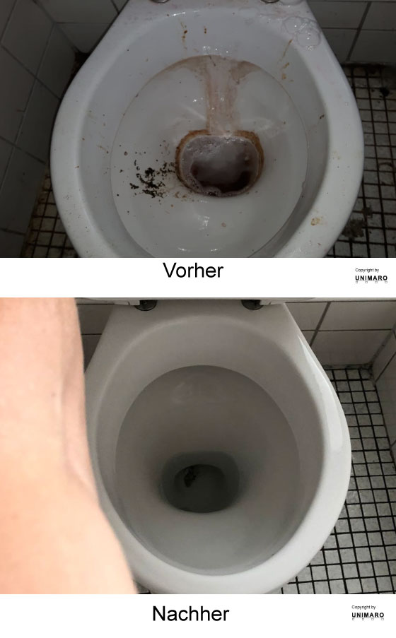 Sehr dreckige Toilette mit Urinflecken vor der Reinigung, dann nach der Reinigung, sauber